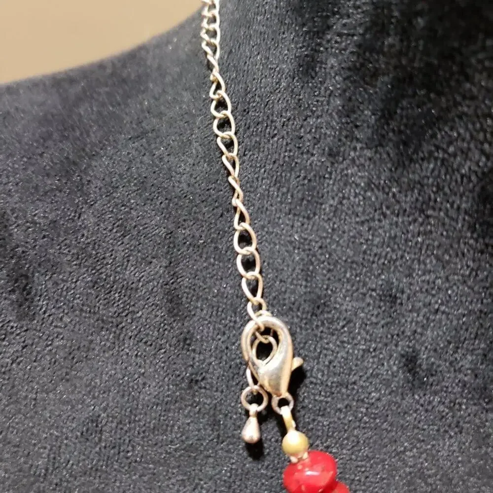 Womens Red Rose Acrylic Carved Flower Pendant Metal Beads Necklace with Lobster